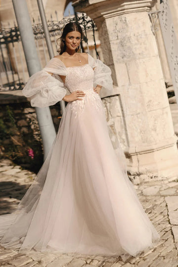 A-Line Bridal Dress with Puff Sleeves, Off-Shoulder Neckline, and Natural Waistline