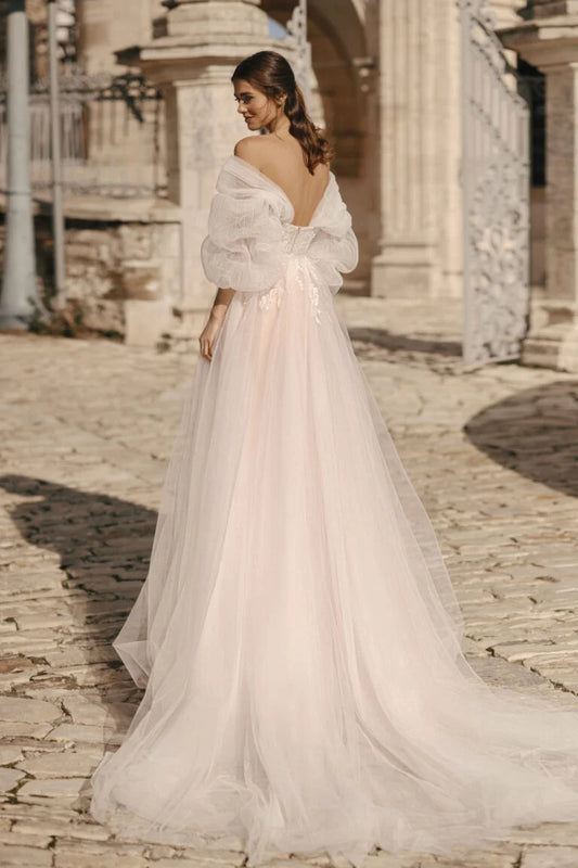 A-Line Bridal Dress with Puff Sleeves, Off-Shoulder Neckline, and Natural Waistline