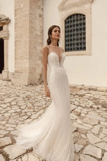 Sexy Deep V-neck Sleeveless Wedding Dress Sparkly Sequins Bride Robe Graceful Straight Long Bridal Gown Robe De Mariée