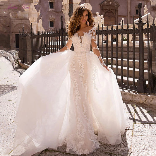 Prachtig kanten applique vestido de novia met afneembare trein sexy kant mermaid pure mesh top bruids plus size trouwjurk
