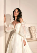 V-Neck Puff Sleeve Tulle Illusion Backless Bridal Gowns Sweep Train Vestidos De Novia