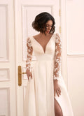 Morden Satin A Line Wedding Dresses V Neck FullSleeve Bridal Gowns Lace Appliques Pleat Vestidos Sweep Train