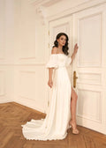 Timeless A-Line Bridal Dress with Dropped Sleeves, Open Neckline, Button Accents, and Natural Waistline