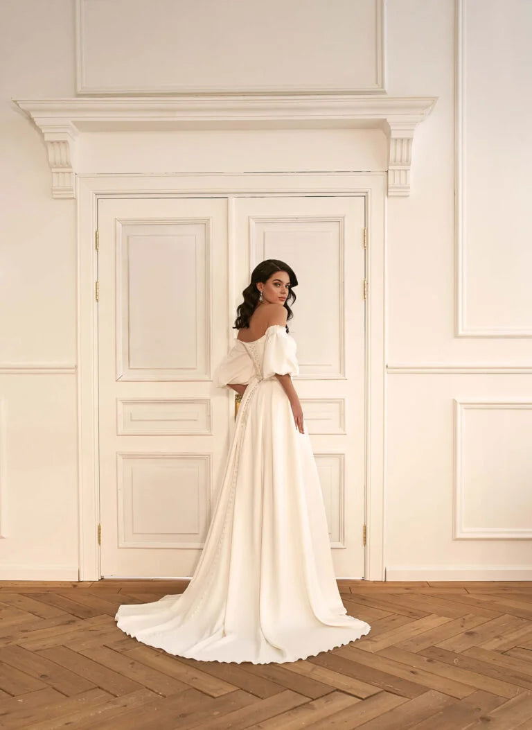 Timeless A-Line Bridal Dress with Dropped Sleeves, Open Neckline, Button Accents, and Natural Waistline