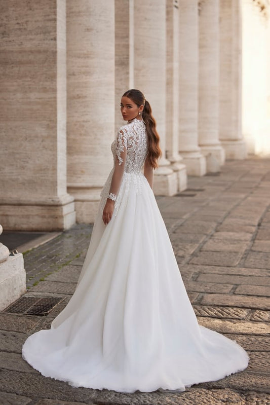 Elegant A-Line Wedding Dress with Illusion Sleeves, High Neckline, and Exquisite Embellishments