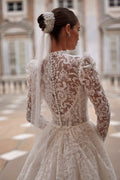 Elegant A-Line Wedding Dress with Long Sleeves, Halter Neckline, and Button Embellishments