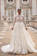 Elegant A-Line Wedding Dress with Long Sleeves, Halter Neckline, and Button Embellishments