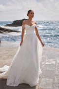 Elegant Wedding Dresses for Women V-neckline Detachable Sleeves A-line Lacing Up Court Sweep Train Customized