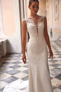 Wedding Dress with Soft Tulle Cap Sleeve Deep V Neck Sequined Applique Illusion Back Buttons Mermaid Bridal Gown For Bride