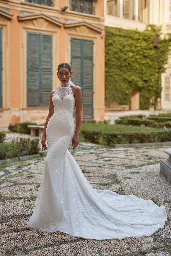 Stunning Mermaid Wedding Dress with Open Shoulders, Halter Neckline, and 3D Application Embellishments