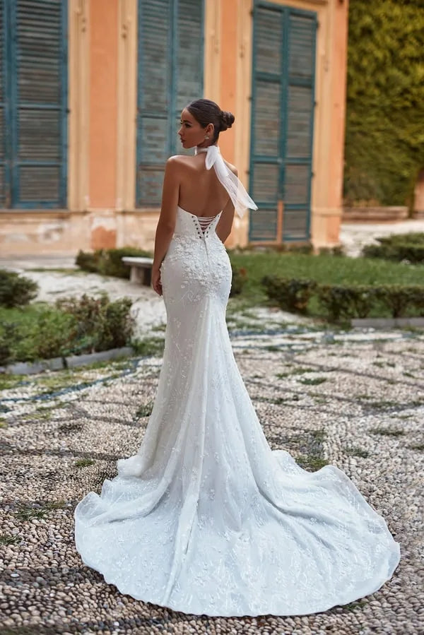 Stunning Mermaid Wedding Dress with Open Shoulders, Halter Neckline, and 3D Application Embellishments