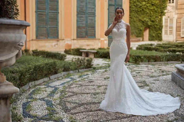 Stunning Mermaid Wedding Dress with Open Shoulders, Halter Neckline, and 3D Application Embellishments