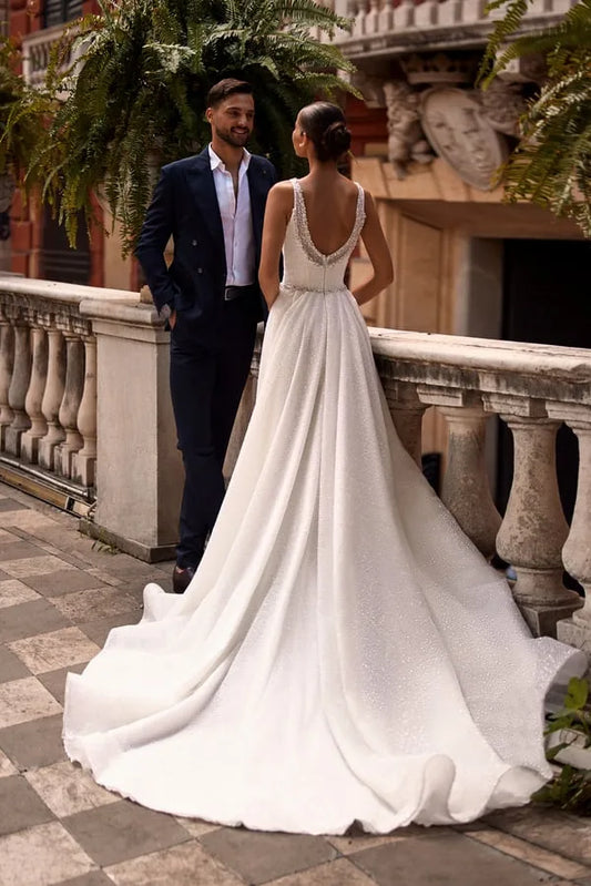 Romantic Sequined Wedding Dresses for Women Slit Sleeveless Pleat Engagement Party Chapel Train Bridal Gown Customised - Camilla's