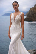 Glamorous Mermaid Wedding Dress with Sleeveless Design, V-Neckline, and Exquisite Embroidery Embellishments