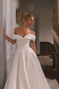 Satin Princess Wedding Dresses A Line Off The Shoulder Bride Dress Pleats Wedding Gowns