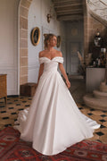 Satin Princess Wedding Dresses A Line Off The Shoulder Bride Dress Pleats Wedding Gowns