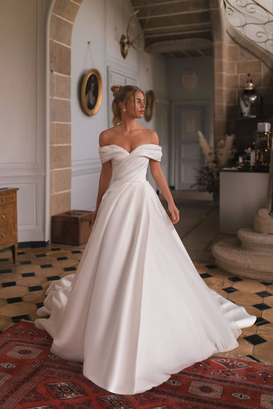 Satin Princess Wedding Dresses A Line Off The Shoulder Bride Dress Pleats Wedding Gowns - Camilla's