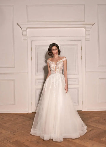 Classic A-Line Wedding Gown with Dropped Sleeves, Open Neckline, and Natural Waistline