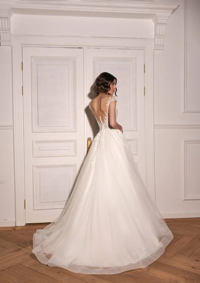 Classic A-Line Wedding Gown with Dropped Sleeves, Open Neckline, and Natural Waistline