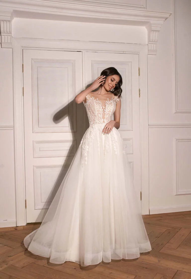 Classic A-Line Wedding Gown with Dropped Sleeves, Open Neckline, and Natural Waistline