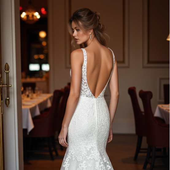 Keyhole Back Sleeve Wedding Dress Long Lace Detail Elegant