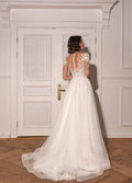 Elegant Classic A-Line Wedding Dress with Long Sleeves, Open Neckline, Embroidery Detailing, and Natural Waistline