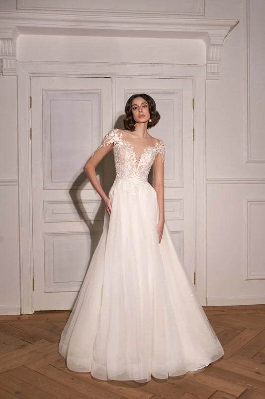 Elegant Classic A-Line Wedding Dress with Long Sleeves, Open Neckline, Embroidery Detailing, and Natural Waistline - Camilla's