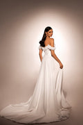 Chic A-Line Wedding Gown with Boat Neckline, Dropped Straps, and Button Embellishments