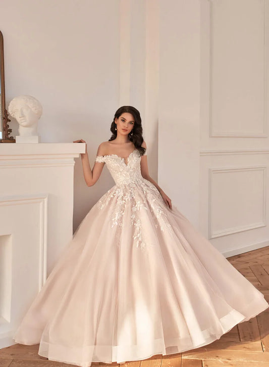 Ball Gown Wedding Dresses Charming Off The Shoulder V Neck Applique Back Lace-up Vestido De Noiva Bride Bridal