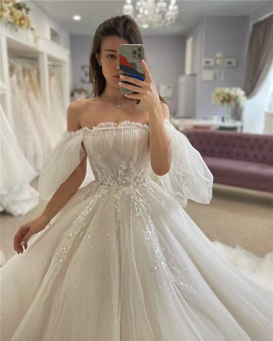 Vestidos de novia Vintage de princesa brillante, vestido de novia con cuentas de encaje, manga abombada, corsé en la espalda, Vestidos de boda de talla grande