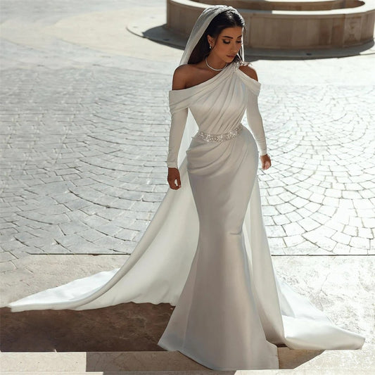 Sparkly paljettbälte bröllopsklänning off-shoulder långa ärmar satin sjöjungfrun veck golvlängd vestidos elegantes para mujeres