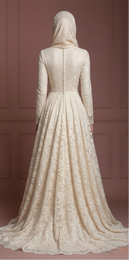 Lace A-Line Muslim Wedding Dress – Soft Champagne Hijab Bridal Look