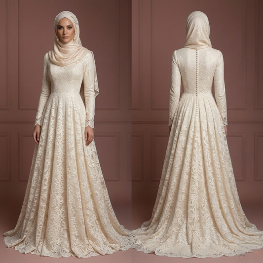 Lace A-Line Muslim Wedding Dress – Soft Champagne Hijab Bridal Look