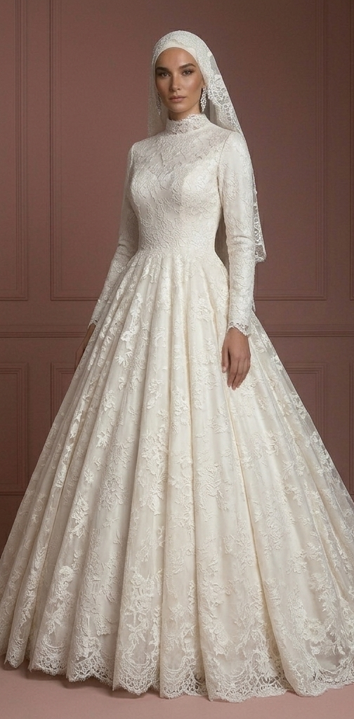 Lace Flowing Ball Gown – Soft Ivory Hijab Bridal Style Wedding Dress Muslim