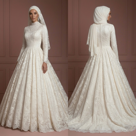 Lace Flowing Ball Gown – Soft Ivory Hijab Bridal Style Wedding Dress Muslim