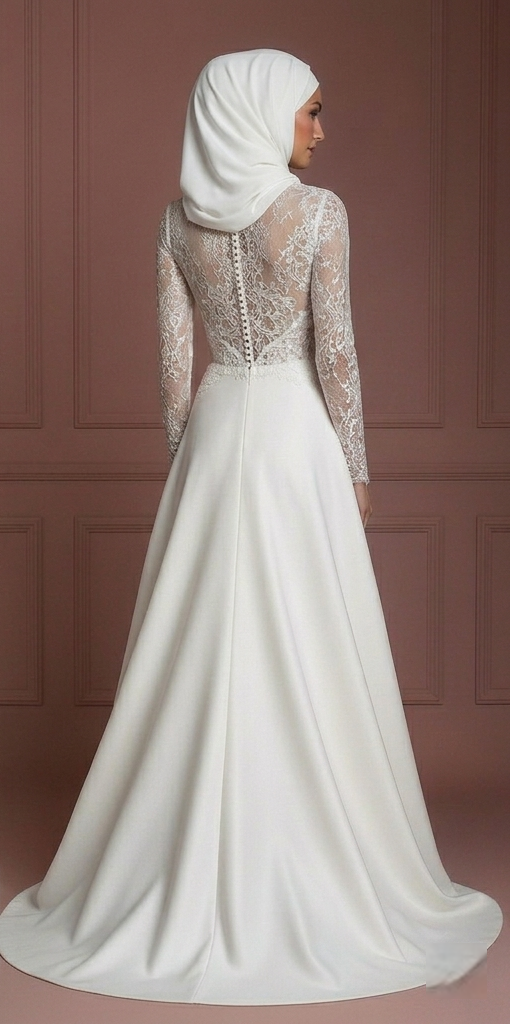 Lace Long Sleeve Bridal Dress – Soft White Muslim Wedding Dress
