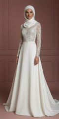 Lace Long Sleeve Bridal Dress – Soft White Muslim Wedding Dress