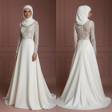 Lace Long Sleeve Bridal Dress – Soft White Muslim Wedding Dress