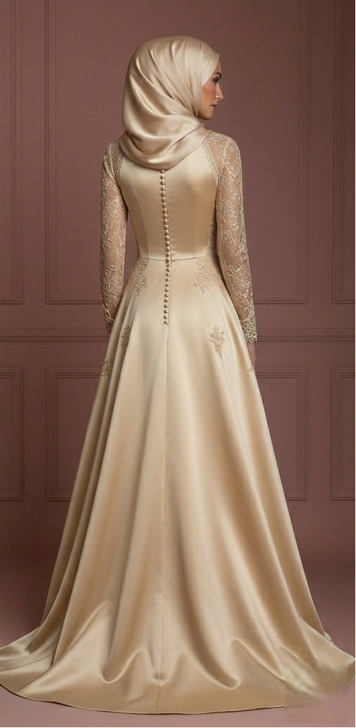 Lace Long Sleeve Wedding Dress – Champagne Elegant Muslim