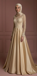 Lace Long Sleeve Wedding Dress – Champagne Elegant Muslim