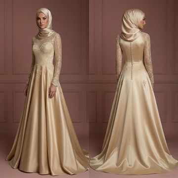 Lace Long Sleeve Wedding Dress – Champagne Elegant Muslim