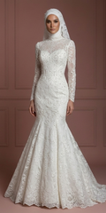 Lace Mermaid Nikah Wedding Dress – Pearl White Elegant Bridal Hijab Outfit Muslim