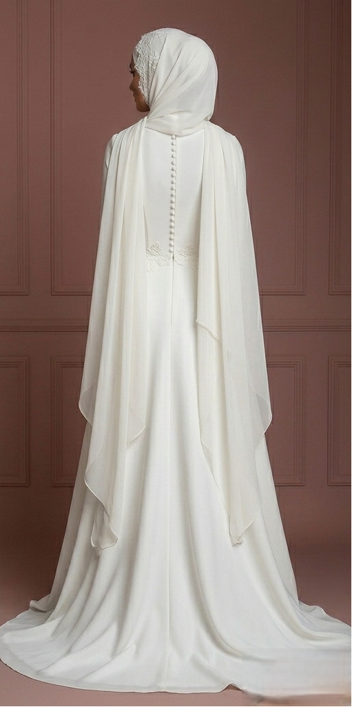Lace Minimalist Muslim Wedding Dress – Ivory Hijab Style for Nikah Muslim