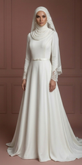 Lace Minimalist Muslim Wedding Dress – Ivory Hijab Style for Nikah Muslim