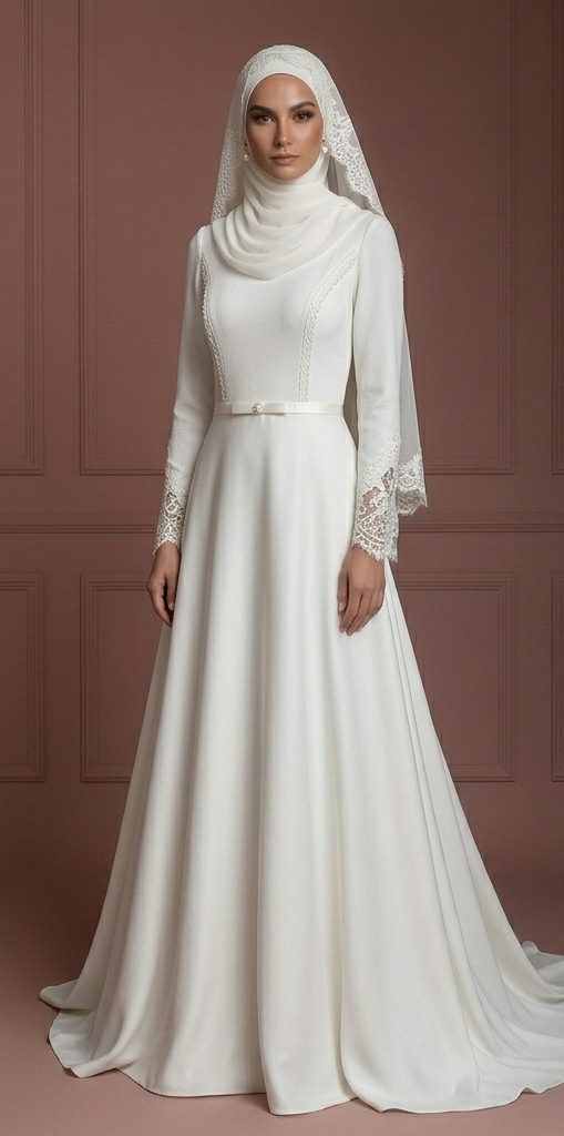 Lace Minimalist Muslim Wedding Dress – Ivory Hijab Style for Nikah Muslim