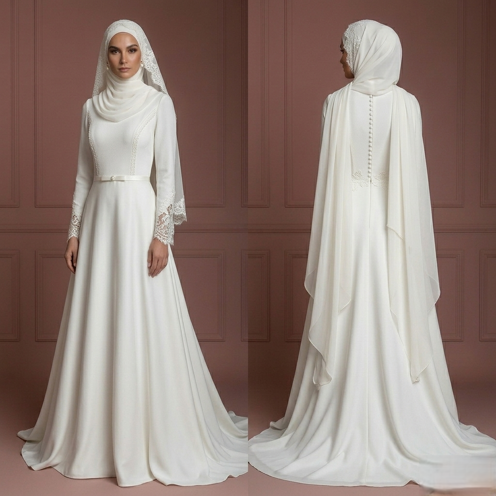 Lace Minimalist Muslim Wedding Dress – Ivory Hijab Style for Nikah Muslim