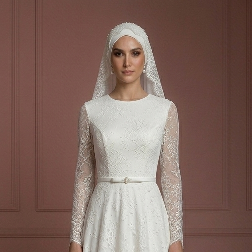 Lace Minimalist Nikah Wedding Dress – Ivory Elegant Hijab Style Muslim