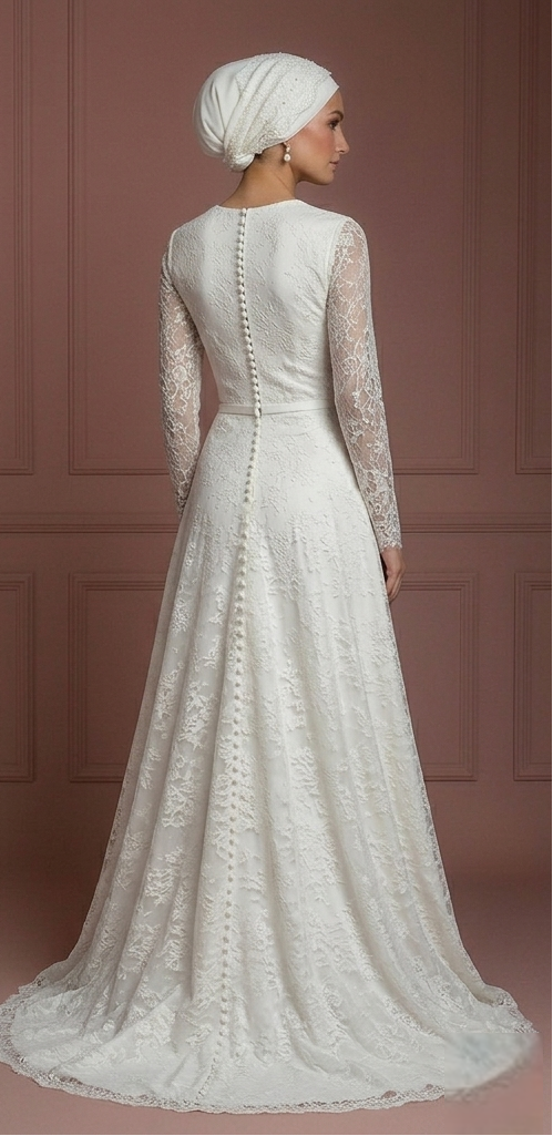 Lace Minimalist Nikah Wedding Dress – Ivory Elegant Hijab Style Muslim