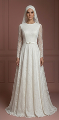 Lace Minimalist Nikah Wedding Dress – Ivory Elegant Hijab Style Muslim