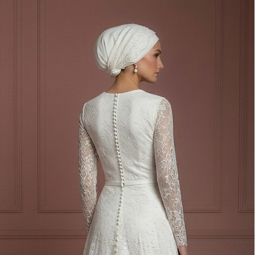 Lace Minimalist Nikah Wedding Dress – Ivory Elegant Hijab Style Muslim